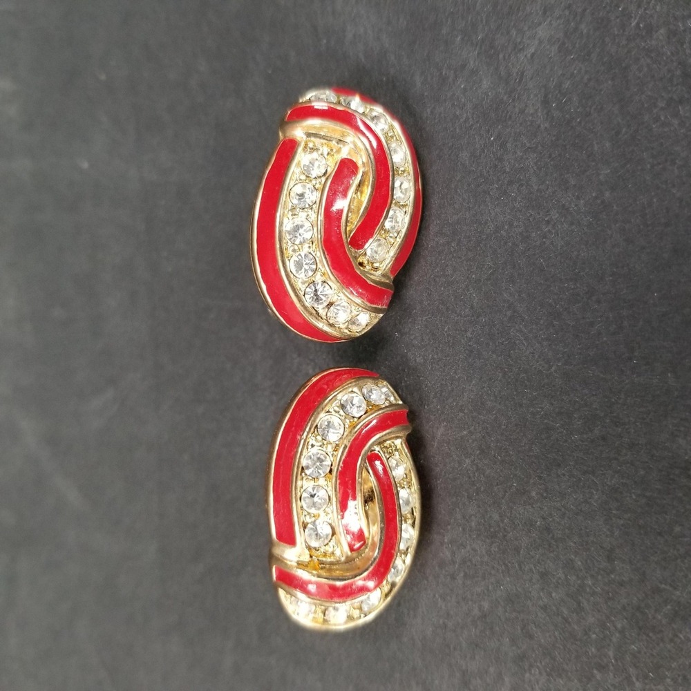 Vintage Style Red Enamel Gold Tone Rhinestone‎ Swirl Oval Stud Earrings Art Deco